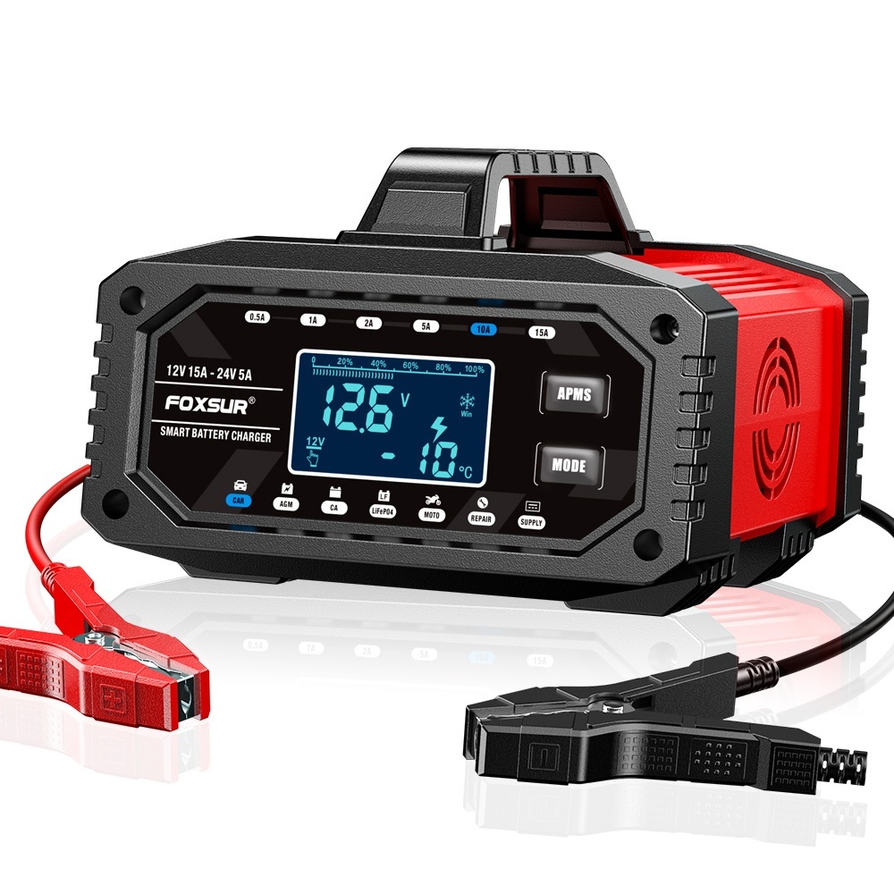 Redresor incarcator inteligent baterii auto FOXSUR 12V 15A / 24V 5A cu afisaj LCD, mod reparare, curent reglabil si 10 trepte incarcare pentru baterii plumb-acid, AGM, GEL, EFB, LiFePO4, auto si moto