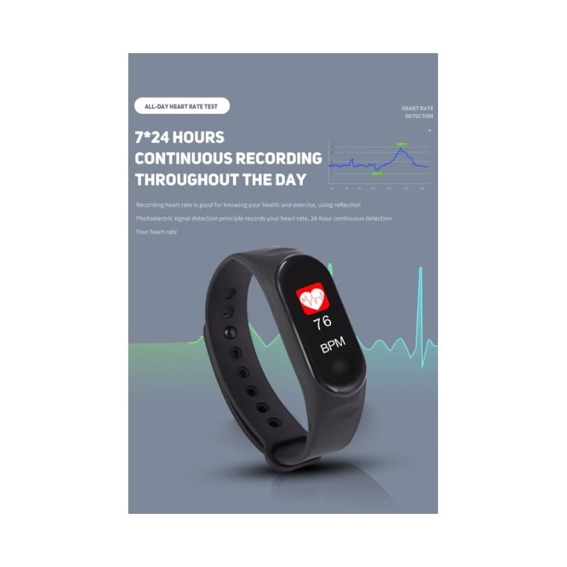 Resigilat Bratara Smart Fitness Techstar® M3 Plus, Unisex, Monitorizarea Sangelui si Ritmului Cardiac, Pentru Android si iOS, Negru - 1 | YEO