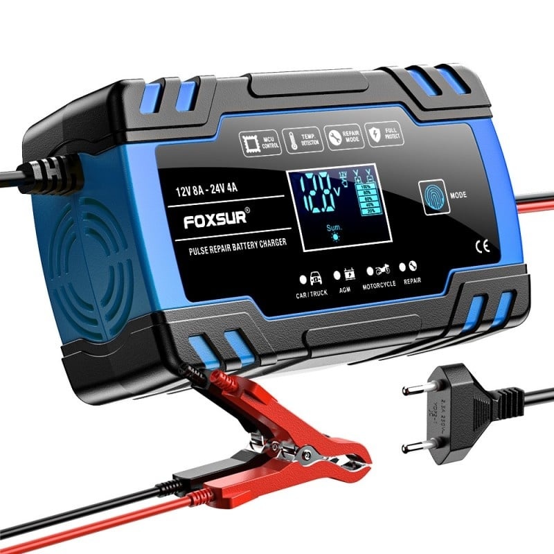 Resigilat Incarcator Baterie Auto Cu Microprocesor Foxsur B0228-L, 12/24V, 4/8A, Display LCD, Functie De Reparare Cu Puls, 170x98x58mm, Albastru - imagine 4