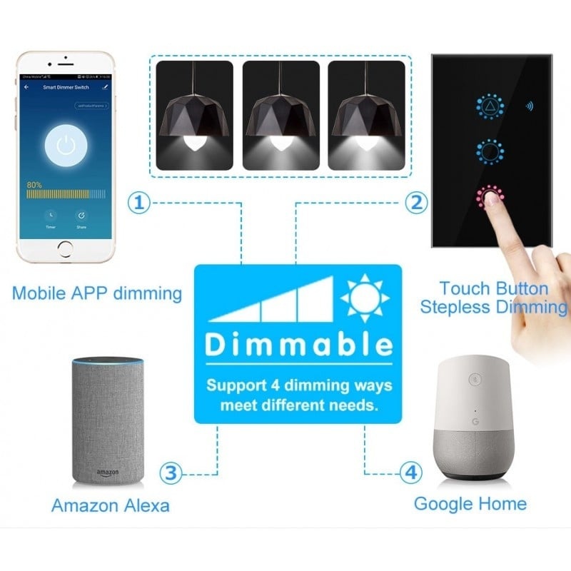 Resigilat Intrerupator Smart Touch Techstar®, Wireless 2.4GHz, Dimmer, Sticla Securizata, Design Modern, Iluminare LED, 1 Faza, cu NUL, Negru - 3 | YEO