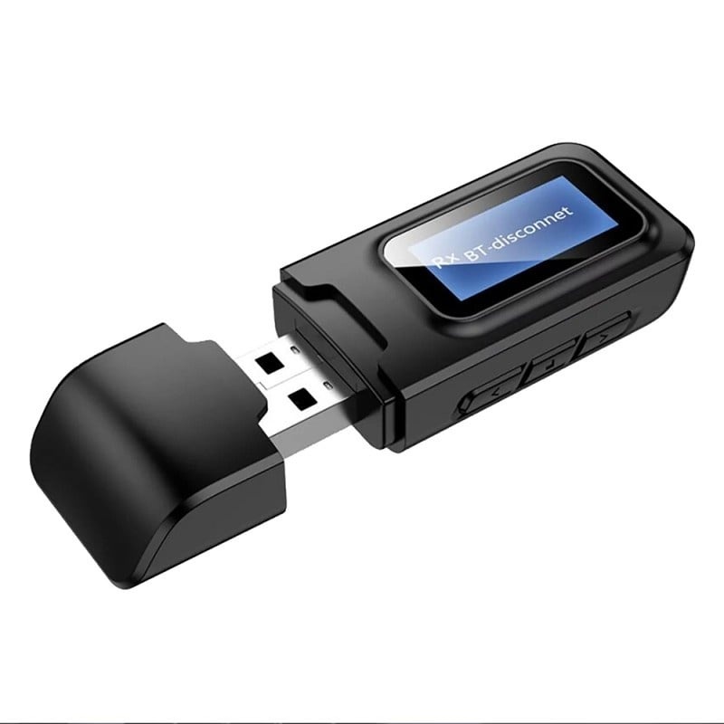 Resigilat Transmitator receptor audio 2 in 1 Techstar® OT07, Bluetooth 5.0, Afisaj LCD, Port USB, AUX 3.5 mm, Compatibil TV sau Home Cinema, Negru