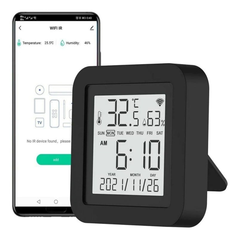 Senzor universal de umiditate si temperatura Tuya Smart, IR, Smart Wi-Fi, Ecran LCD, USB, Suport Alexa și Google Assistant Controler, Negru - 1 | YEO