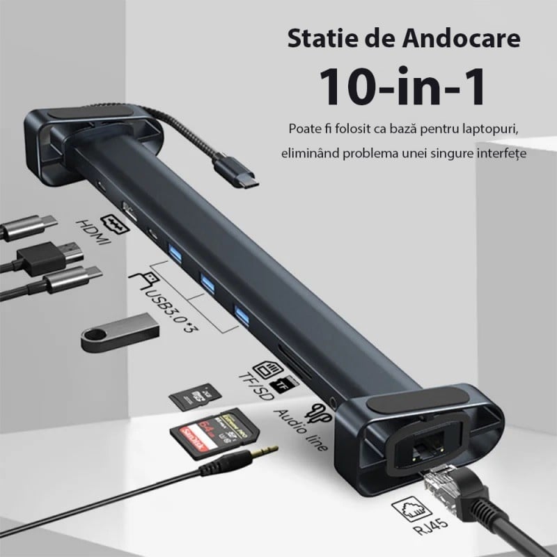 Statie de andocare multifunctionala 10 in 1 Techstar® CYC10IN1, HDMI 4K, 3 x USB 3.0, LAN RJ45 Ethernet, SD/TF, USB-C, AUX 3.5 mm, PD Port, Gri - 3 | YEO