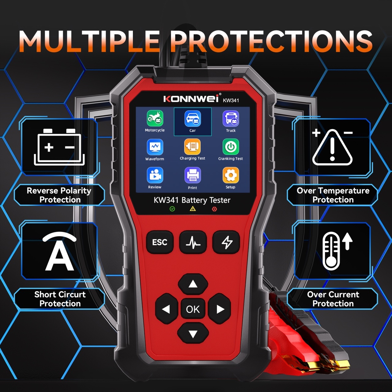 Tester baterie auto KONNWEI KW341 6V 12V 24V, CCA 10–2000, SOH SOC, test alternator si pornire, AGM EFB GEL Litiu, waveform, raport QR - imagine 9
