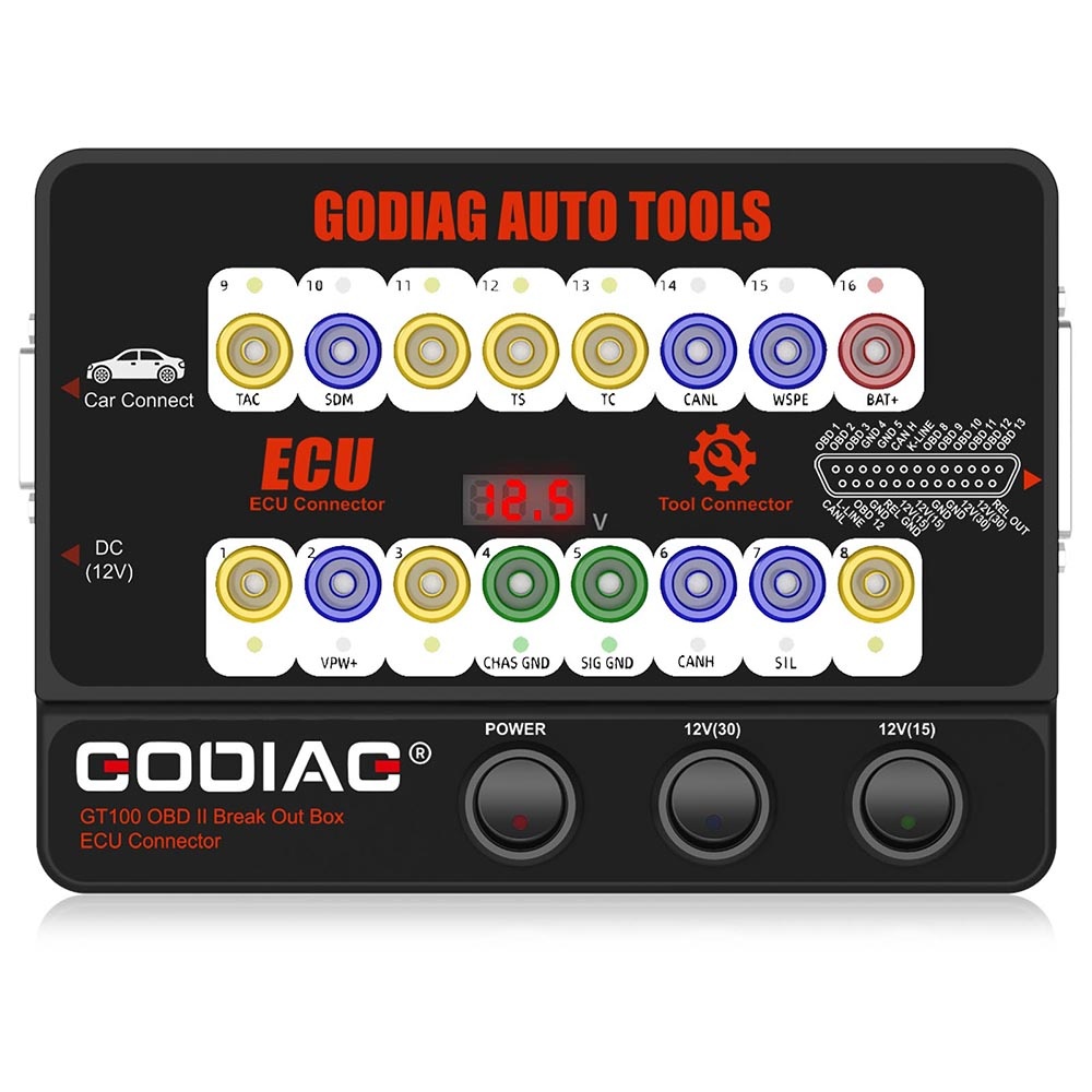 Tester Protocol GODIAG GT100 OBD II Break Out Box, interfata conexiune ECU, monitorizare tensiune, extensie diagnoza si alimentare la schimbarea bateriei - imagine 2