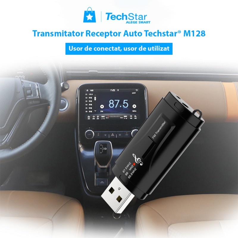 Transmitator receptor auto Techstar® M128, Bluetooth 5.0, Port USB, AUX 3.5 mm, Conectare la sistemul audio auto, Negru - 3 | YEO