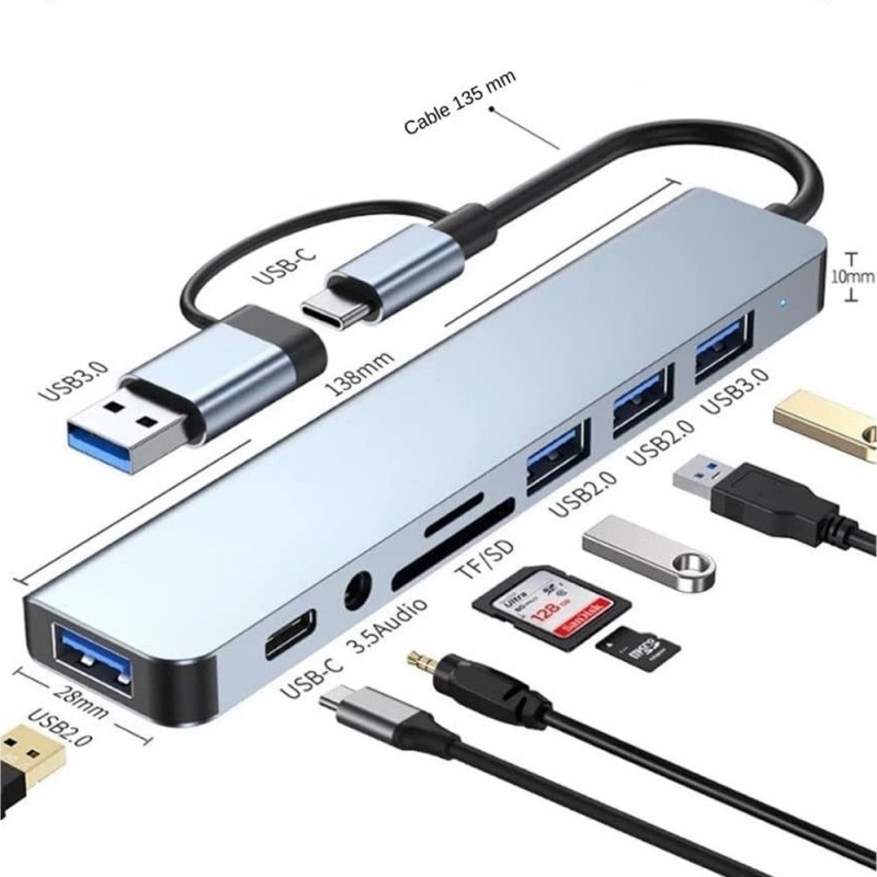 Adaptor Hub Multifunctional 8 In 2 Techstar® CYC8IN2, USB-C, 2 X USB 3.0, 3 X USB 2.0, AUX 3.5 mm, Cititor De Carduri SD/TF, Argintiu - 1 | YEO