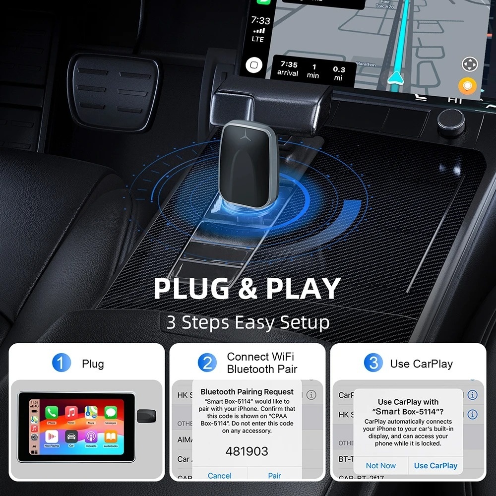 Adaptor Wireless 2-in-1 Apple CarPlay & Android Auto Techstar® M17 – USB/USB-C (Adaptor inclus), Wi-Fi 5.8GHz + Bluetooth, Plug & Play, Mini Compact - imagine 3