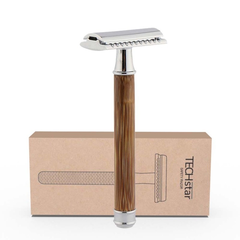 Aparat de ras Classic Safety Razor Techstar® SR11, Aliaj de Zinc, Cu Lame De Rezerva, Reutilizabil, Ecologic, Maner Bambus, Argintiu - 1 | YEO