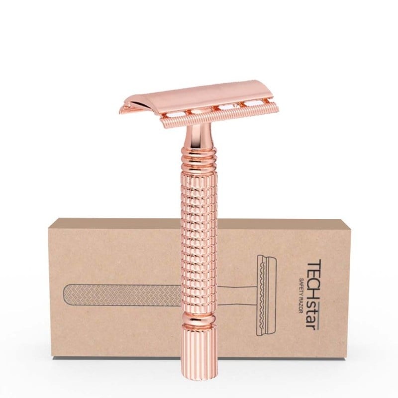 Aparat de ras Classic Safety Razor Techstar® SR5, Aliaj de Zinc, Cu Lame De Rezerva, Reutilizabil, Ecologic, Rose Gold - 1 | YEO