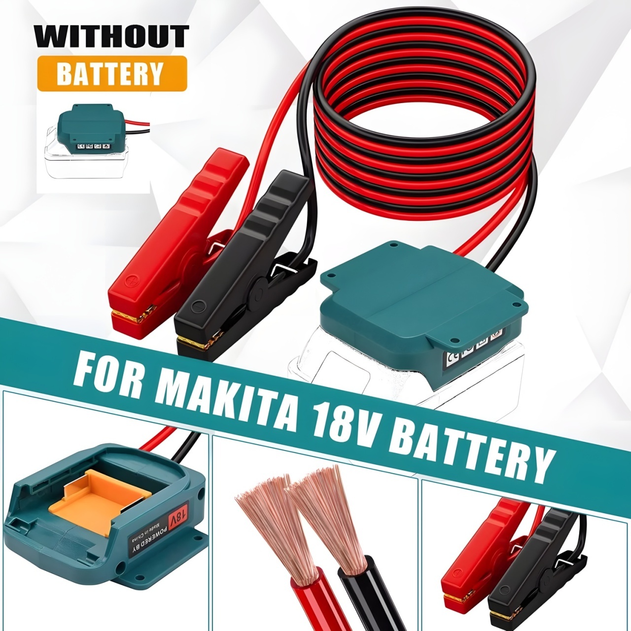Cablu Pornire Motor Auto cu Clesti si Adaptor pentru Baterii Makita 18V – Starter Portabil 1.8m, ABS, 8AWG, Fara Baterie - 1 | YEO