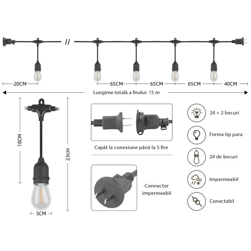 Ghirlanda Luminoasa de Exterior Techstar® 15M cu 24 Becuri LED, E26, 1W, Cablu cu Pendul Negru, Lumina Foarte Calda, 2200K, Conectabila 75M, Negru - 1 | YEO