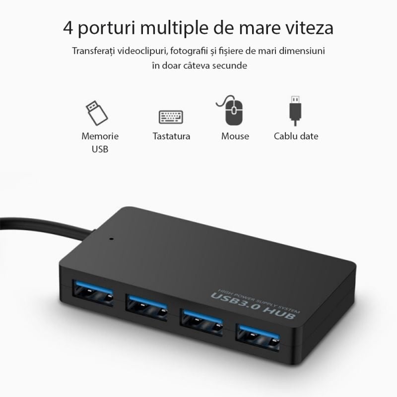 Hub USB cu 4 porturi Techstar® HUBA0401, 1 x USB 3.0, 3 x USB 2.0, Transfer date de mare viteza 5Gbps, Negru - 3 | YEO