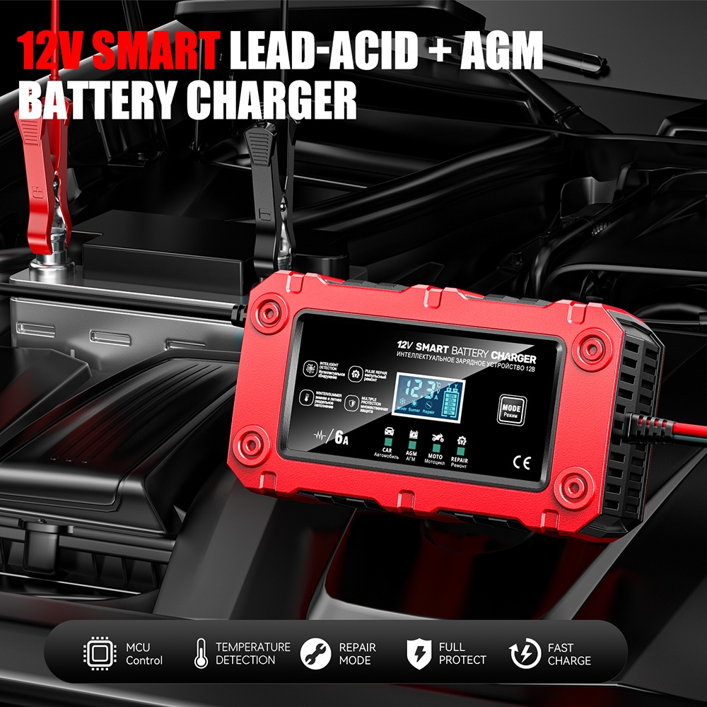 Incarcator Inteligent Baterie Auto/Moto Techstar 12V 6A BC-1206, LCD, Repair, AGM/GEL/WET/EFB/LiFePO4 Rosu - imagine 16