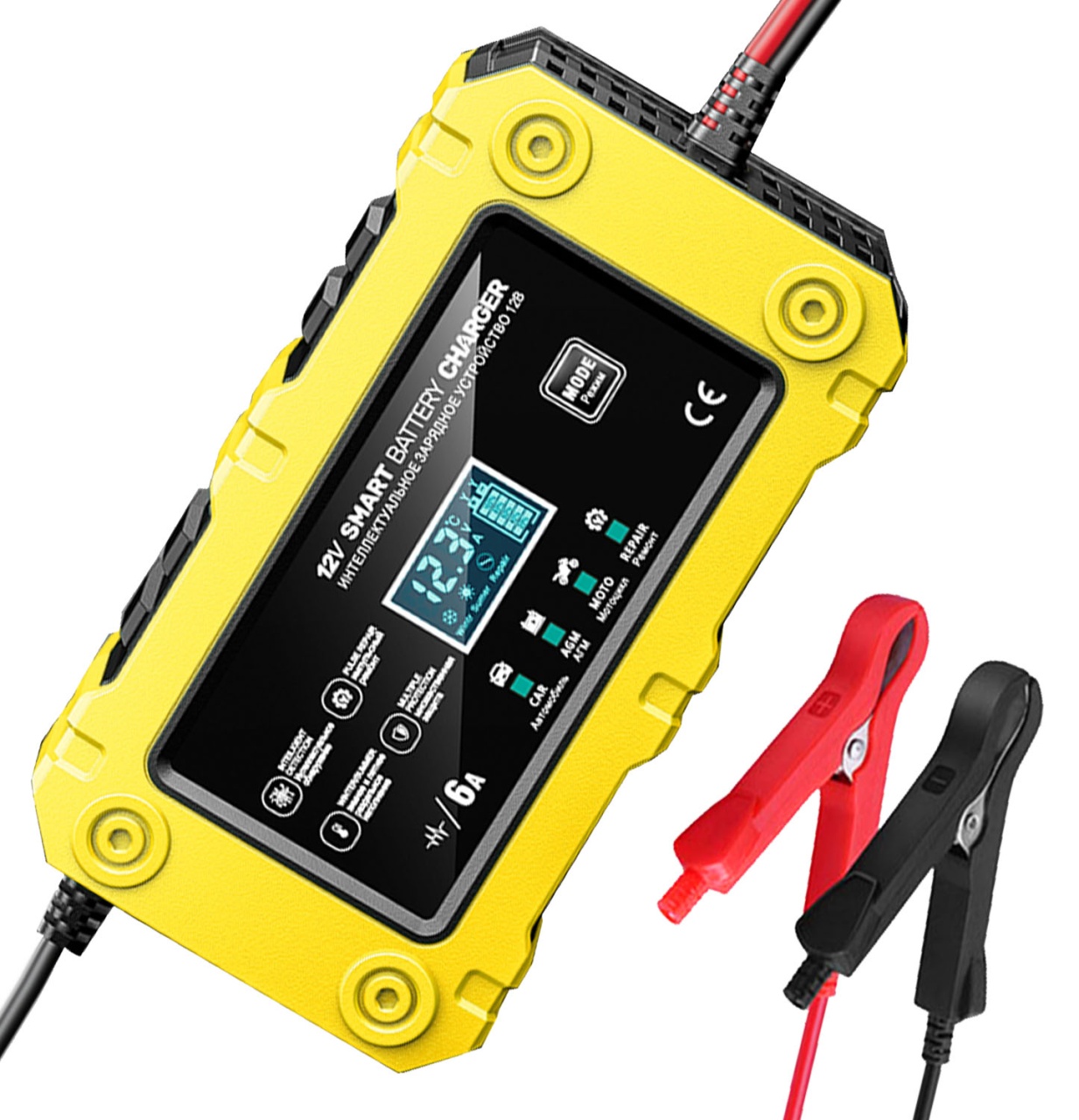 Incarcator Inteligent Baterie Auto/Moto Techstar 12V 6A BC-1206, LCD, Repair, AGM/GEL/WET/EFB/LiFePO4 Galben - imagine 3