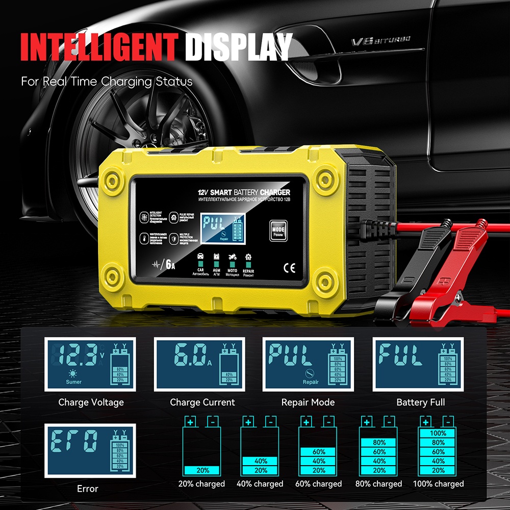 Incarcator Inteligent Baterie Auto/Moto Techstar 12V 6A BC-1206, LCD, Repair, AGM/GEL/WET/EFB/LiFePO4 Galben - imagine 22