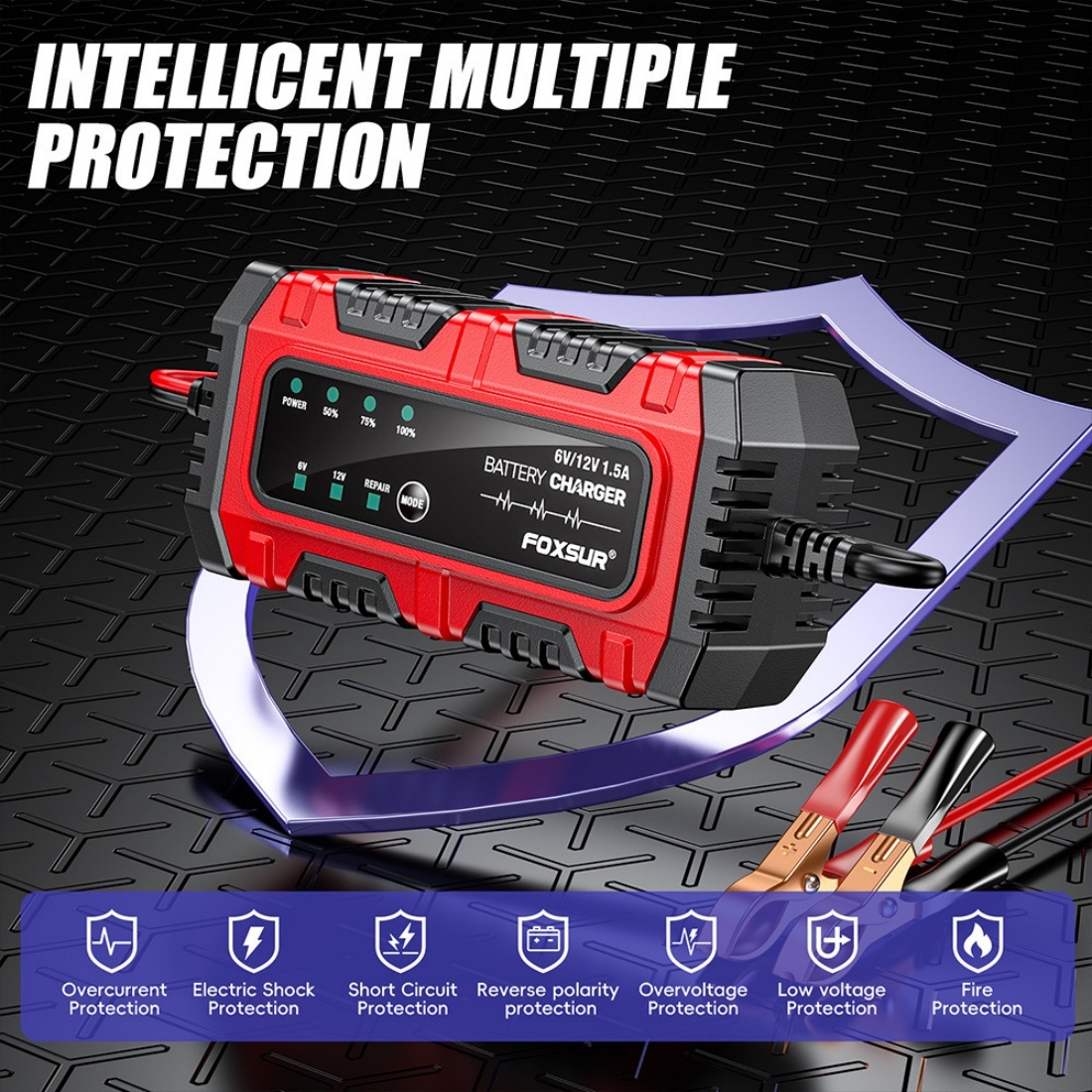 Incarcator redresor inteligent de baterie Foxsur Moto/Auto 6V-12V, 4Ah–30Ah, cu Mod Reparare si Detectare Automata - 2 | YEO