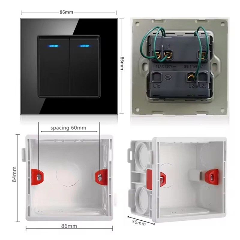 Intrerupator Dublu Cap Scara Cu Panou Din Sticla Securizata Techstar® TGS 01, 220V, 16A, 86 X 86 Mm, Negru, cu 2 Module - 2 | YEO