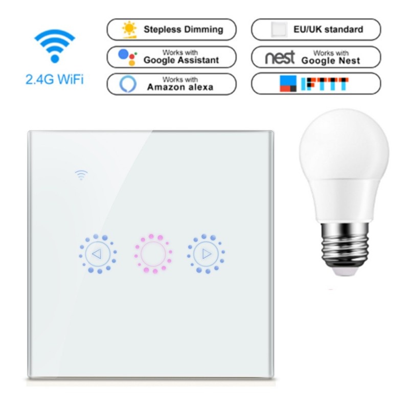 Intrerupator Smart Touch Techstar®, Wireless 2.4GHz, Dimmer, Sticla Securizata, Design Modern, Iluminare LED, 1 Faza, cu NUL, Alb - 1 | YEO