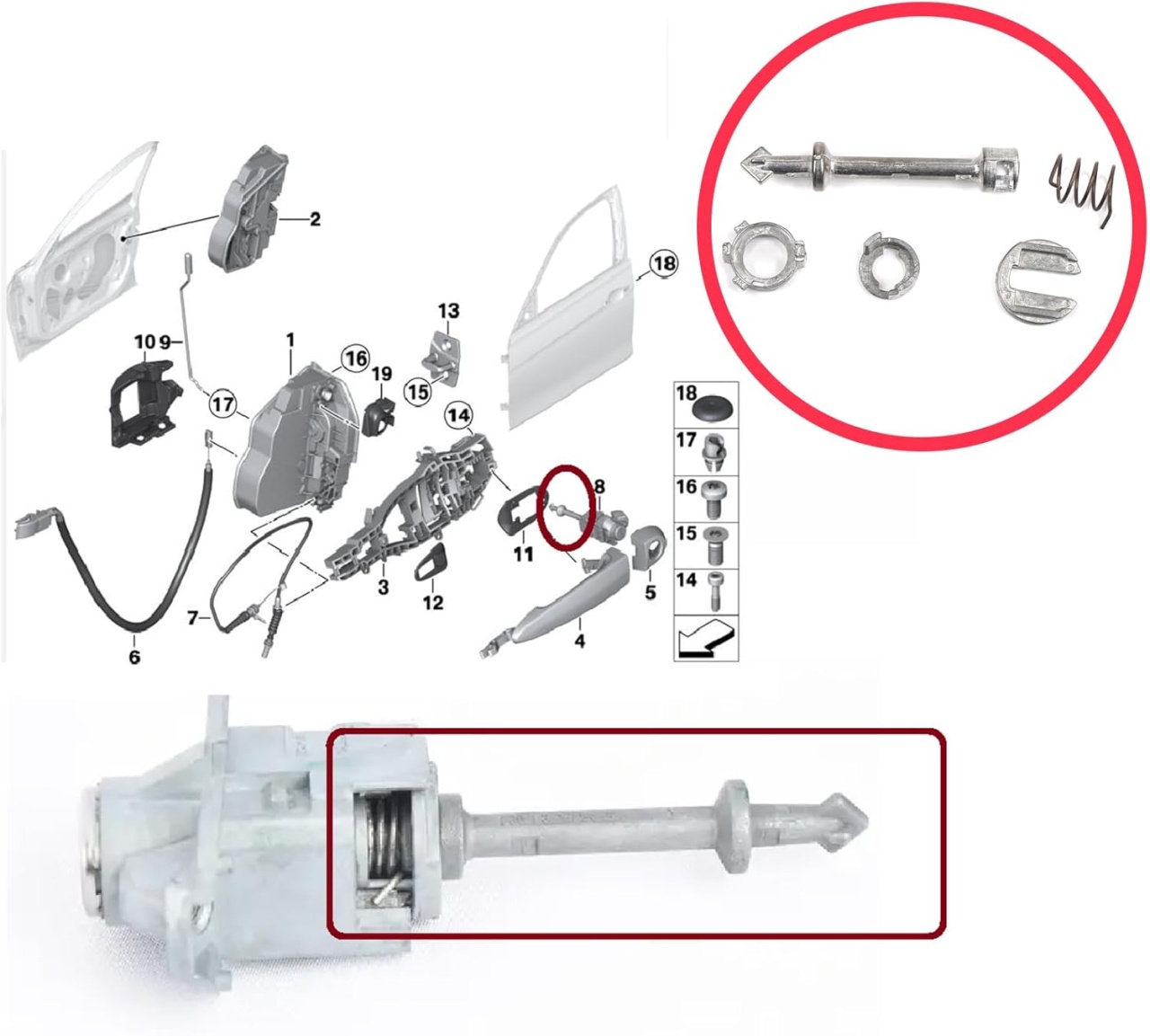 Kit reparatie butuc yala cilindru usa Techstar, compatibil BMW Seria 3 F30 F31, M3 F80, X3 G01 (2012–2020), cod OE 51217310733