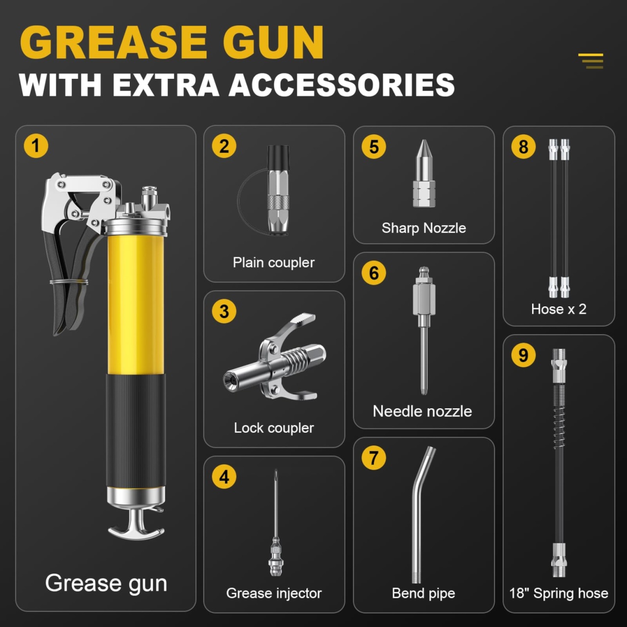 Pistol gresare 8000 PSI pentru niplu de gresare Techstar®, actionare cu o singura mana, ax heavy duty, cap pistol gresare, furtun flexibil si tub metalic, cartuse 400 g, galben