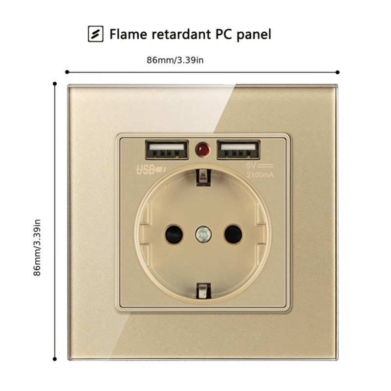 Priza de Perete cu 2 Porturi USB si Rama din Sticla Techstar® TS-GL, 110-250V, 16A, Ignifuga, 86x86mm, Auriu