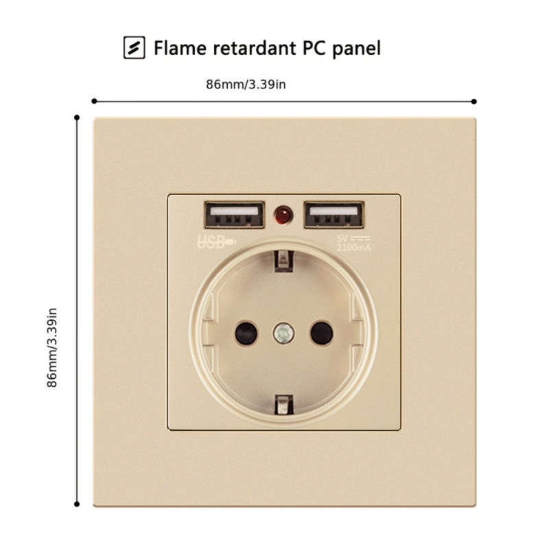 Priza de Perete cu 2 Porturi USB Techstar® TS-PC, 110-250V, 16A, Ignifuga, 86x86mm, Auriu