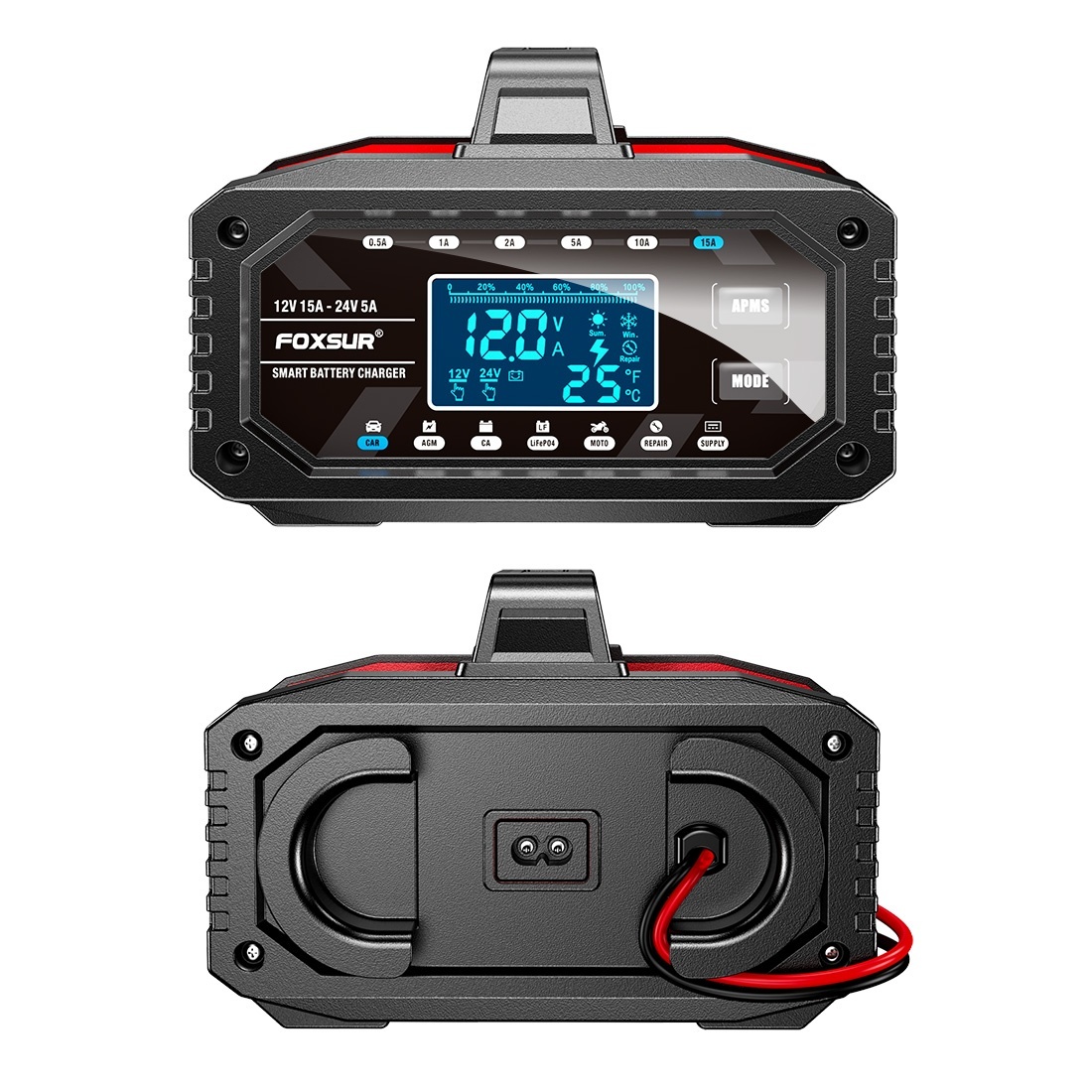 Redresor incarcator inteligent baterii auto FOXSUR 12V 15A / 24V 5A cu afisaj LCD, mod reparare, curent reglabil si 10 trepte incarcare pentru baterii plumb-acid, AGM, GEL, EFB, LiFePO4, auto si moto - 1 | YEO