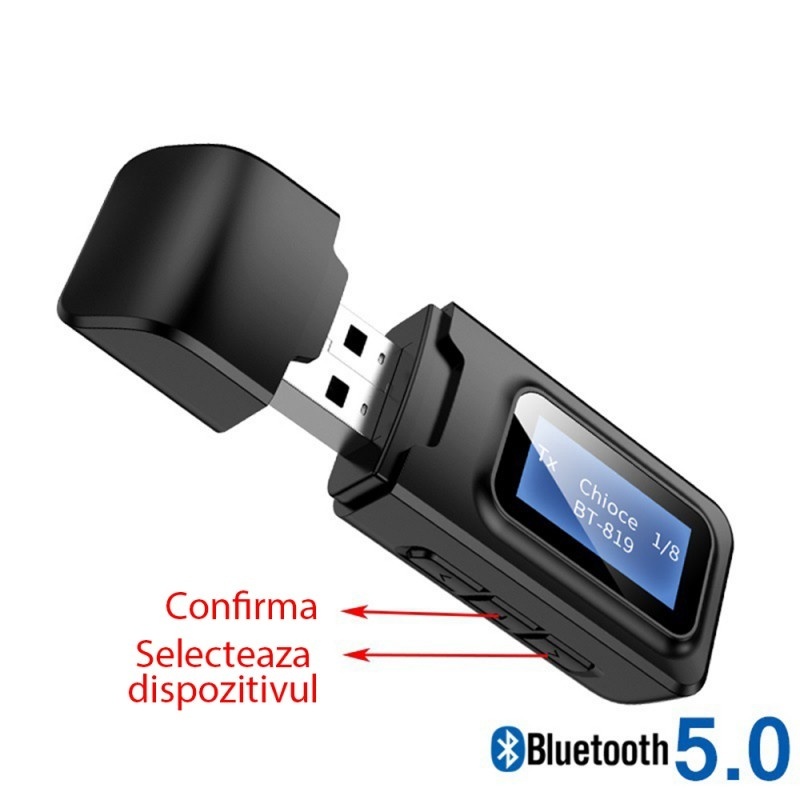 Resigilat Transmitator receptor audio 2 in 1 Techstar® OT07, Bluetooth 5.0, Afisaj LCD, Port USB, AUX 3.5 mm, Compatibil TV sau Home Cinema, Negru - 1 | YEO