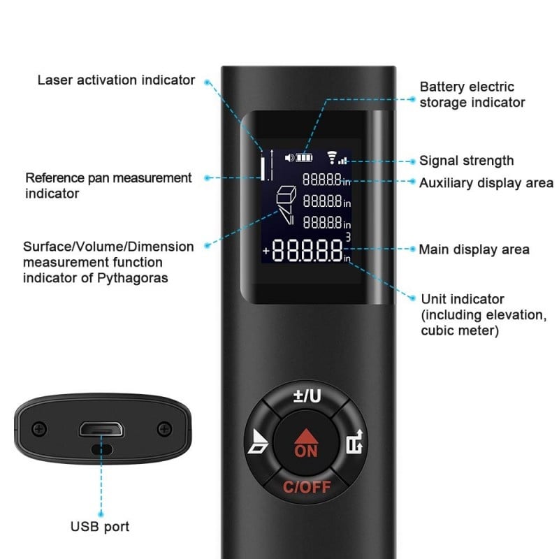 Telemetru Multimetru Mini Digital Smart Techstar® de 40m, cu Laser, Portabil si cu USB pt Masurat Distanta - 2 | YEO