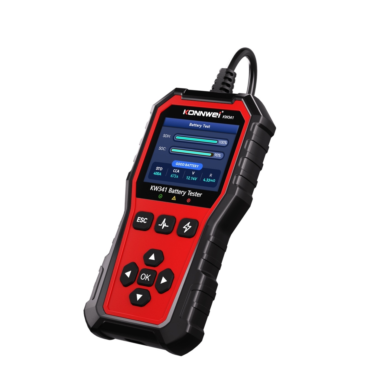 Tester baterie auto KONNWEI KW341 6V 12V 24V, CCA 10–2000, SOH SOC, test alternator si pornire, AGM EFB GEL Litiu, waveform, raport QR - imagine 6