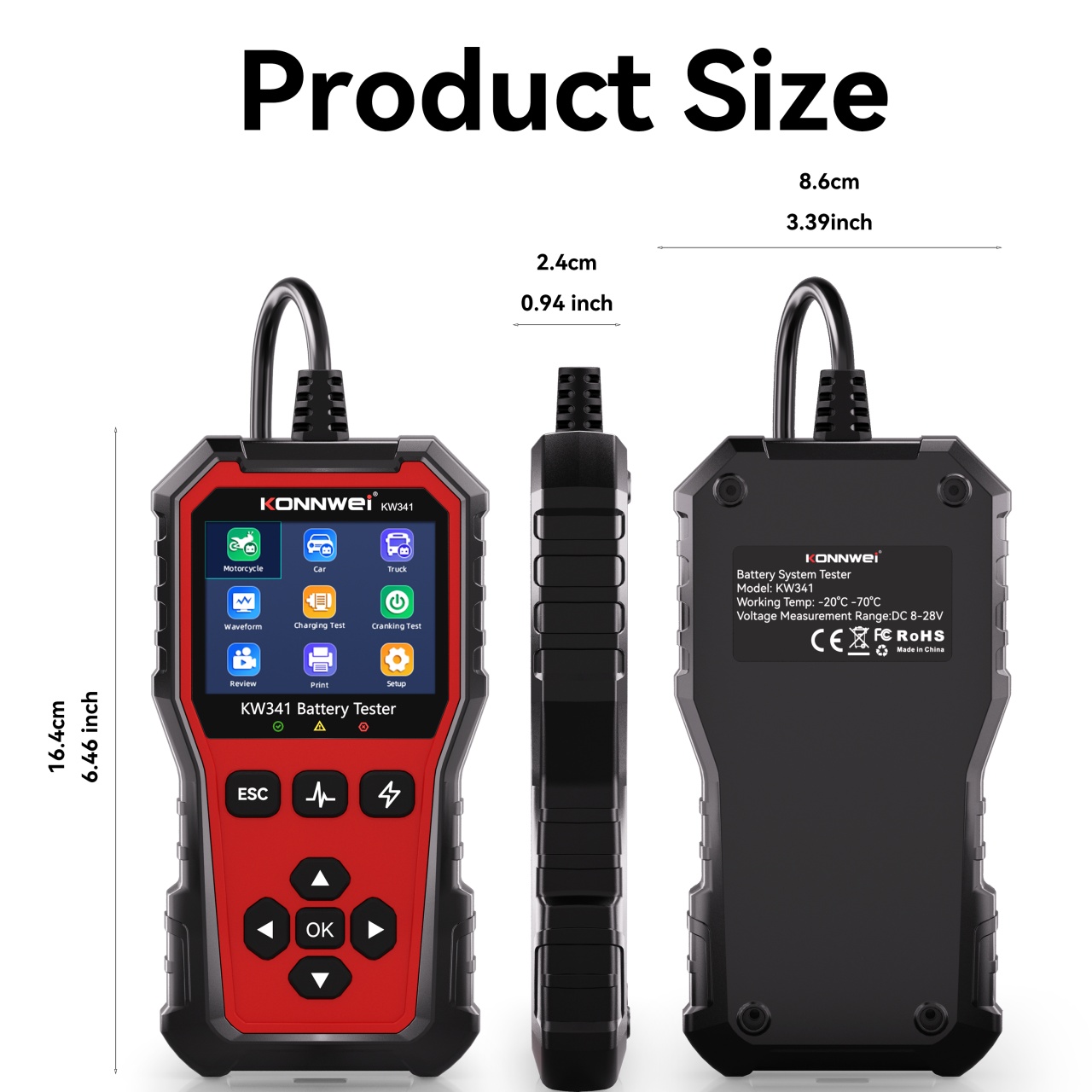 Tester baterie auto KONNWEI KW341 6V 12V 24V, CCA 10–2000, SOH SOC, test alternator si pornire, AGM EFB GEL Litiu, waveform, raport QR - imagine 16