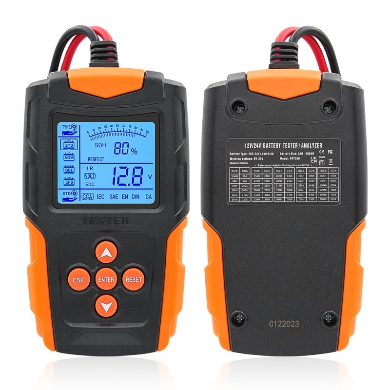 Tester de baterie auto Techstar® FBT-200, 12V/24V, 100-2000 CCA, 3Ah - 200Ah, analizor digital baterie pentru masini, camioane, motociclete, SUV-uri, barci, Negru/Orange - 2 | YEO