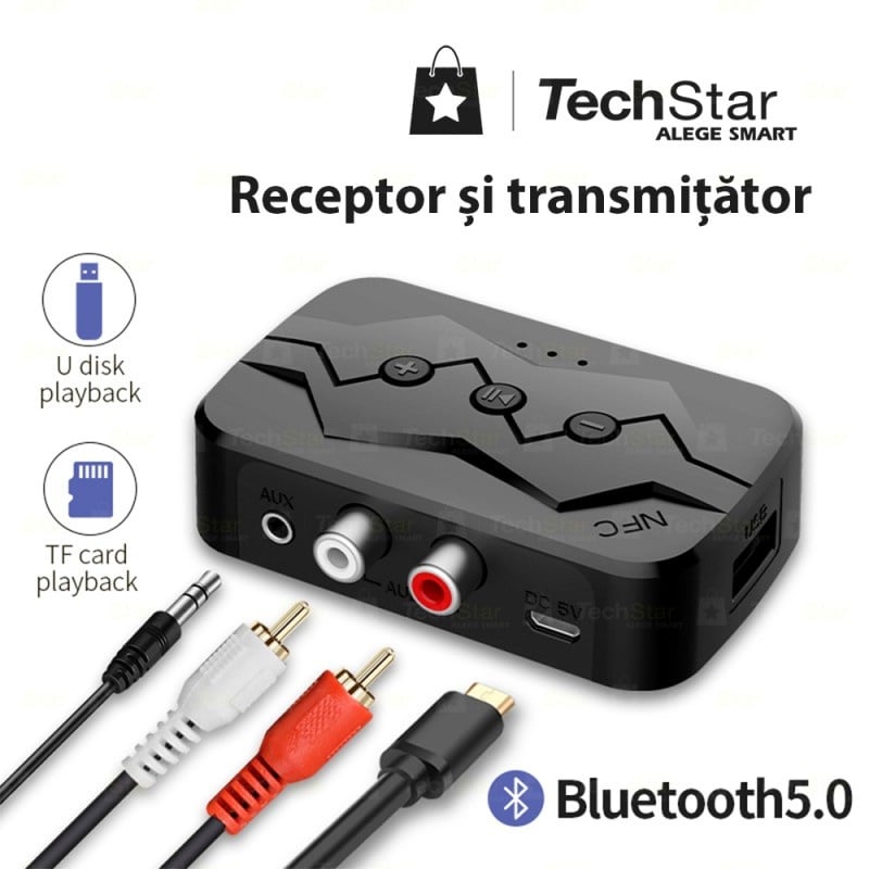 Adaptor Bluetooth Techstar® M23, transmitator si receptor pentru TV/PC/Sistem de sunet pentru casa, Jack 3.5mm, Micro SD, USB, AUX, NFC, RCA, Negru - 3 | YEO