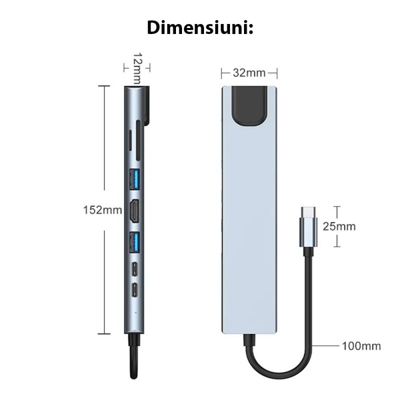 Adaptor Hub multifunctional 8 in 1 Techstar® SF8IN1, HDMI 4K, USB-C, PD Port, 1 x USB 3.0, 1 x USB 2.0, LAN RJ45 Ethernet, Cititor de carduri SD/TF, Aliaj de Aluminiu, Argintiu - 3 | YEO