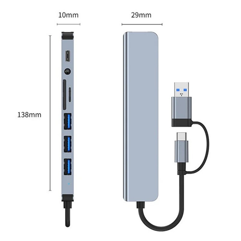 Adaptor Hub Multifunctional 8 In 2 Techstar® CYC8IN2, USB-C, 2 X USB 3.0, 3 X USB 2.0, AUX 3.5 mm, Cititor De Carduri SD/TF, Argintiu - 2 | YEO