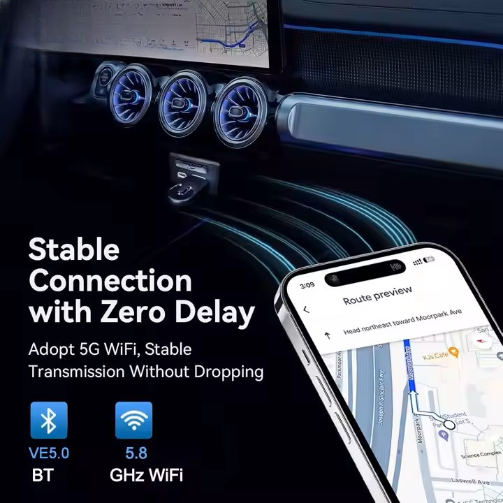 Adaptor Wireless CarPlay & Android Auto Techstar M5 2 in 1, USB Mini, BT + Wi-Fi 5GHz, Buton Comutare/Reset, Reconectare Automata, Plug & Play - imagine 10