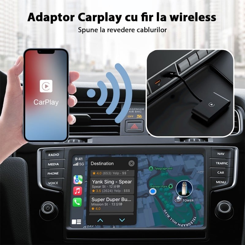 Adaptor Wireless Techstar® CTHT-020-2 Pentru Apple CarPlay Si iPhone iOS 10+, Dongle USB-Type C , WiFi 5G, Bluetooth, Conectare Automata, Negru - 2 | YEO