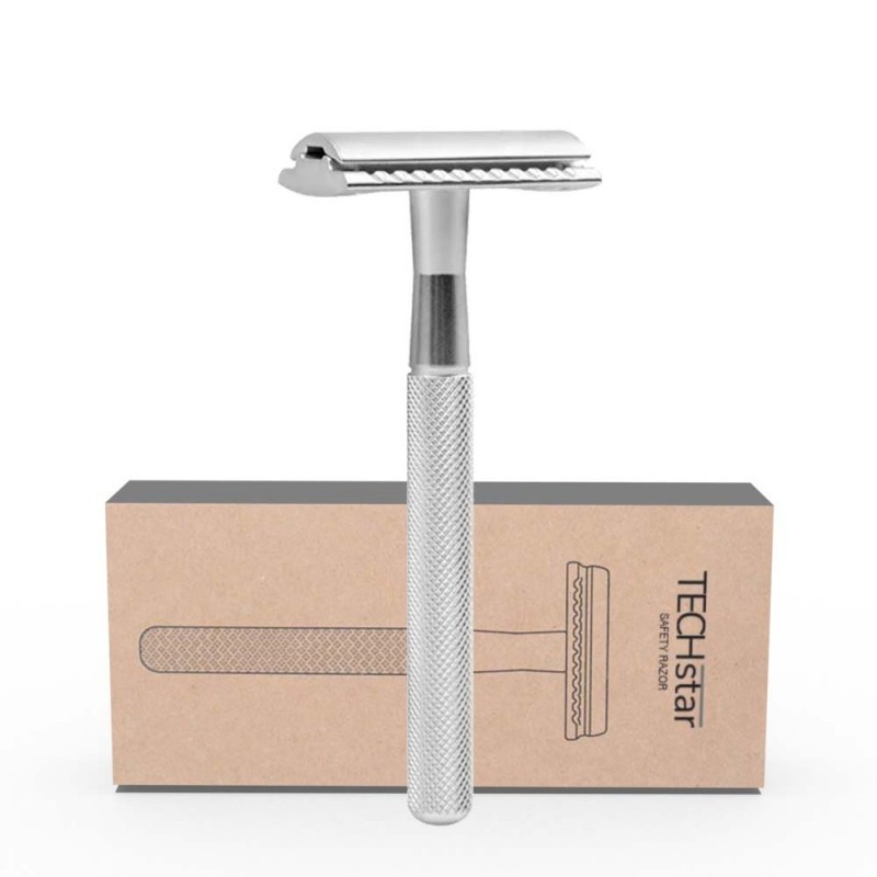 Aparat de ras Classic Safety Razor Techstar® SR1, Aliaj de Zinc, Cu Lame De Rezerva, Reutilizabil, Ecologic, Argintiu - 1 | YEO