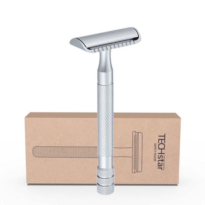 Aparat de ras Classic Safety Razor Techstar® SR10, Aliaj de Zinc, Cu Lame De Rezerva, Reutilizabil, Ecologic, Argintiu - 1 | YEO