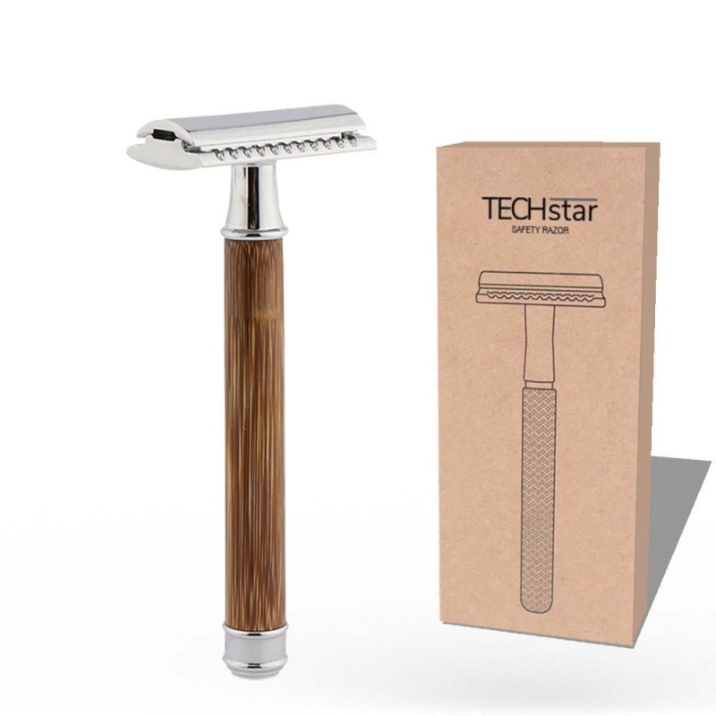 Aparat de ras Classic Safety Razor Techstar® SR11, Aliaj de Zinc, Cu Lame De Rezerva, Reutilizabil, Ecologic, Maner Bambus, Argintiu - 2 | YEO