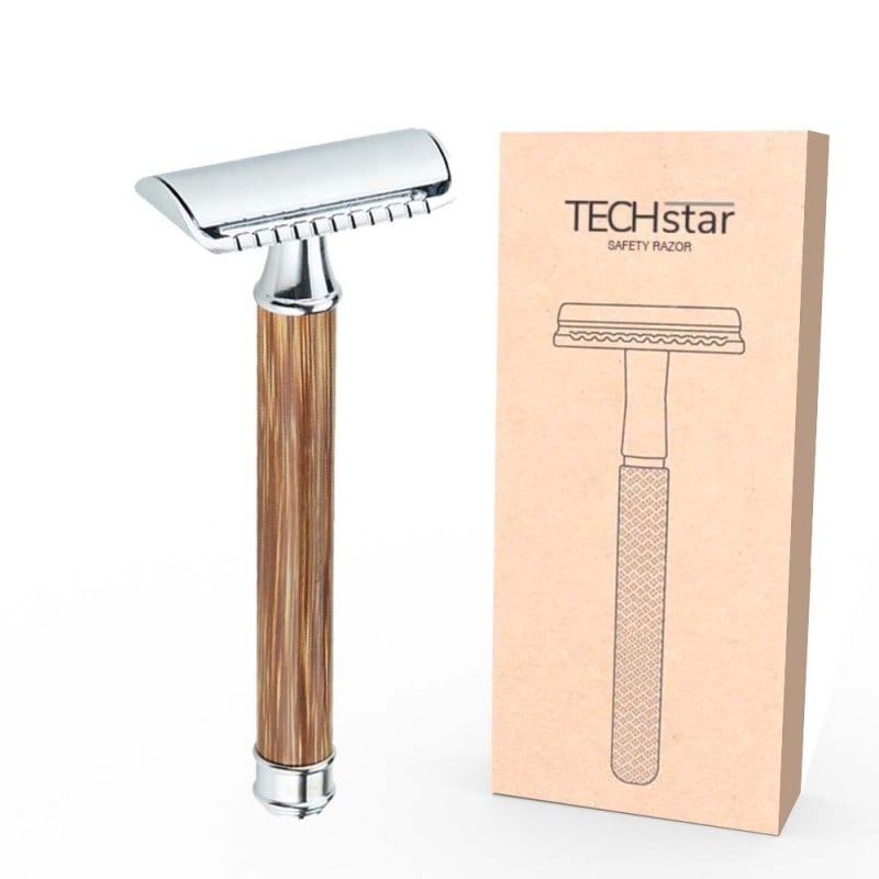 Aparat de ras Classic Safety Razor Techstar® SR12, Aliaj de Zinc, Cu Lame De Rezerva, Reutilizabil, Ecologic, Maner Bambus, Argintiu - 3 | YEO