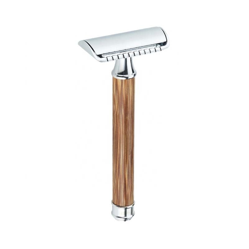 Aparat de ras Classic Safety Razor Techstar® SR12, Aliaj de Zinc, Cu Lame De Rezerva, Reutilizabil, Ecologic, Maner Bambus, Argintiu