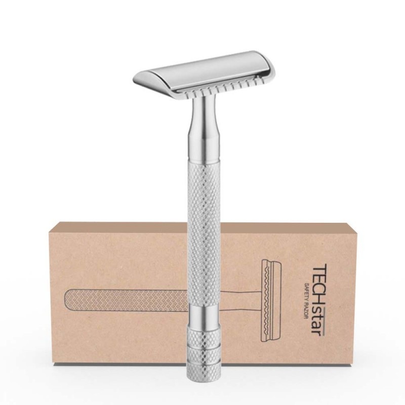 Aparat de ras Classic Safety Razor Techstar® SR2, Aliaj de Zinc, Cu Lame De Rezerva, Reutilizabil, Ecologic, Argintiu - 1 | YEO