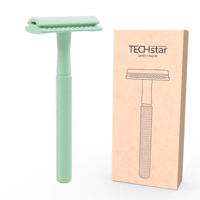 Aparat de ras Classic Safety Razor Techstar® SR3, Aliaj de Zinc, Cu Lame De Rezerva, Reutilizabil, Ecologic, Verde - 3 | YEO