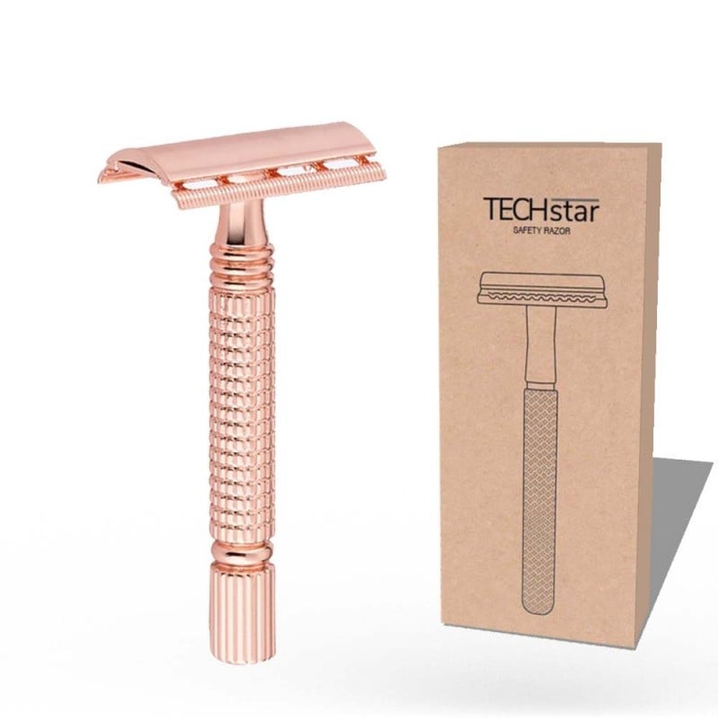 Aparat de ras Classic Safety Razor Techstar® SR5, Aliaj de Zinc, Cu Lame De Rezerva, Reutilizabil, Ecologic, Rose Gold - 2 | YEO