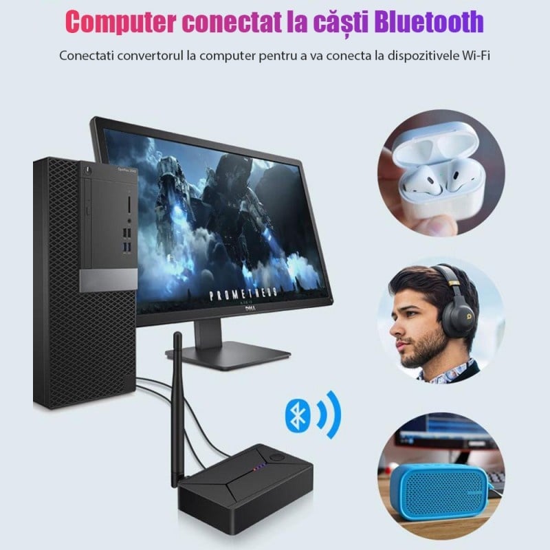 Convertor Audio Digital la Analog Techstar® OT14, Compatibil Bluetooth 5.0, DC 5V, AUX 3.5 mm, Cablu audio optic, RCA, Negru - 3 | YEO