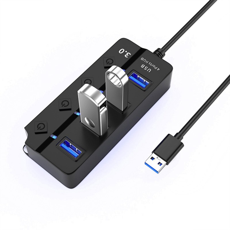 Hub USB cu 4 porturi Techstar® HUBA0702, 4 x USB 3.0, Transfer date 5Gbps, indicator LED pentru putere, comutator independent, Negru - 1 | YEO