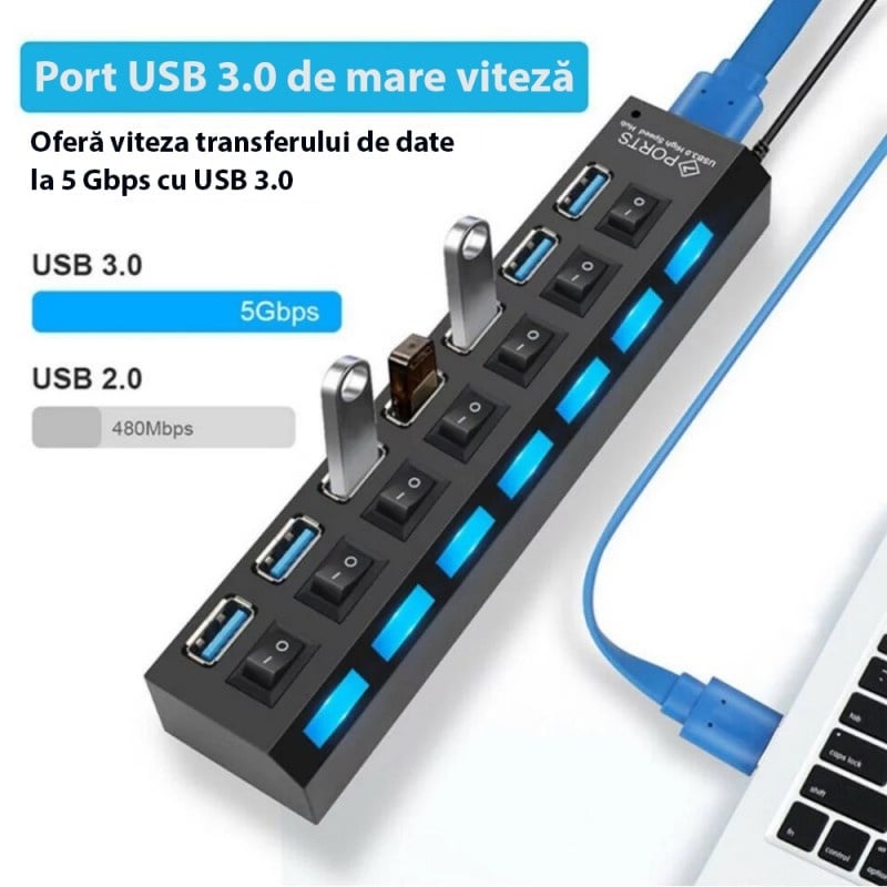 Hub USB Cu 7 Porturi Techstar® HUBA55, 1 X USB 3.0, 6 X USB 2.0, Indicator LED Putere, Comutator Independent, PC, Laptop, Desktop, Negru - 1 | YEO