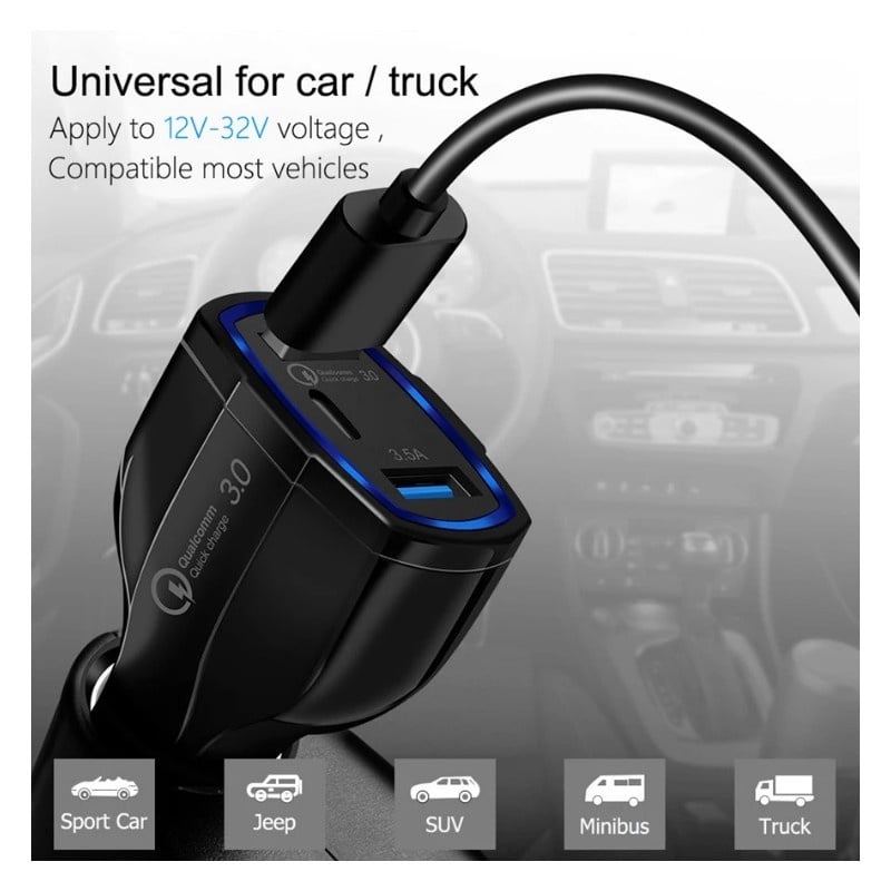 Incarcator Auto Techstar® Turbo Fast, 5V, 3.5A ,QC3.0, DUAL USB, Universal, Negru - 2 | YEO